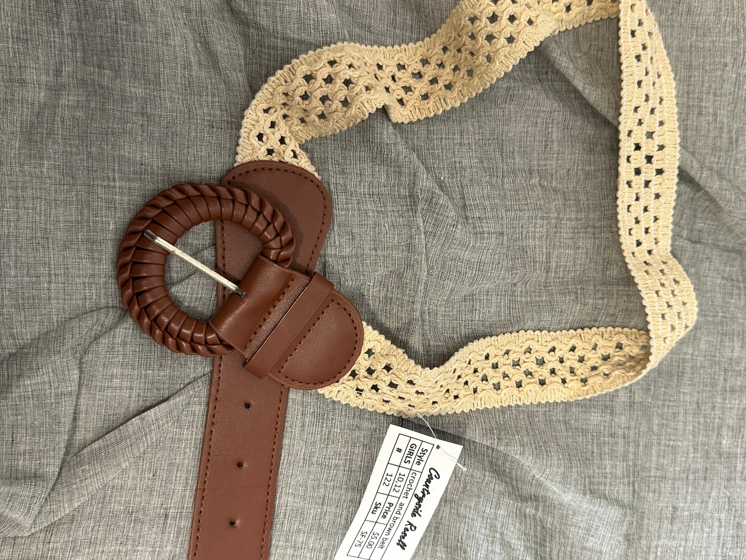 Boho Lux Golden Brown Crochet Belt Medium Waist Jumbro Statement Wrapped Buckle Boho Hammered Gold Buckle Suede Waist Belt - Light Tan  main image 4